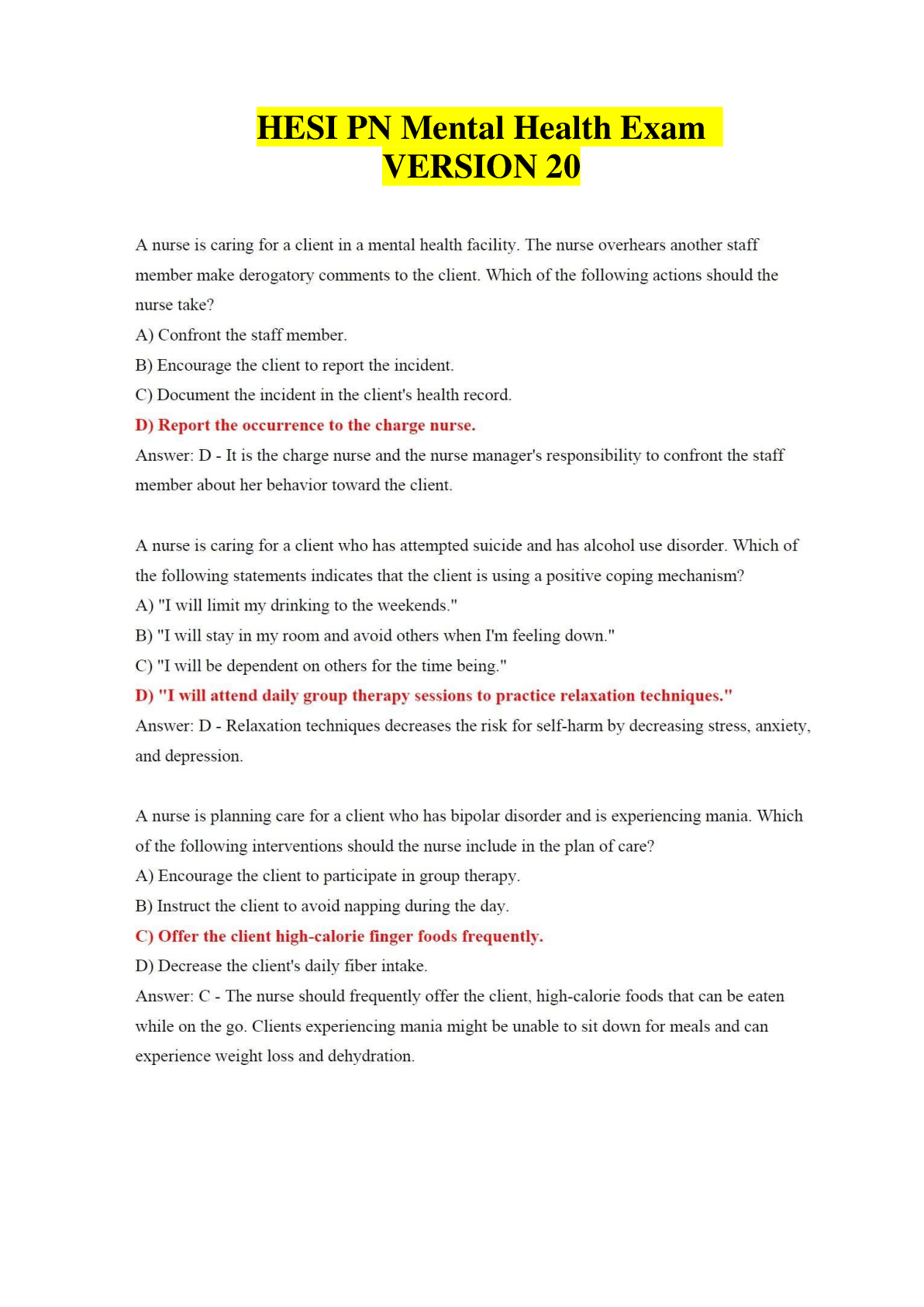 Latest 20222023 HESI PN Mental Health Exam Version 20 Questions